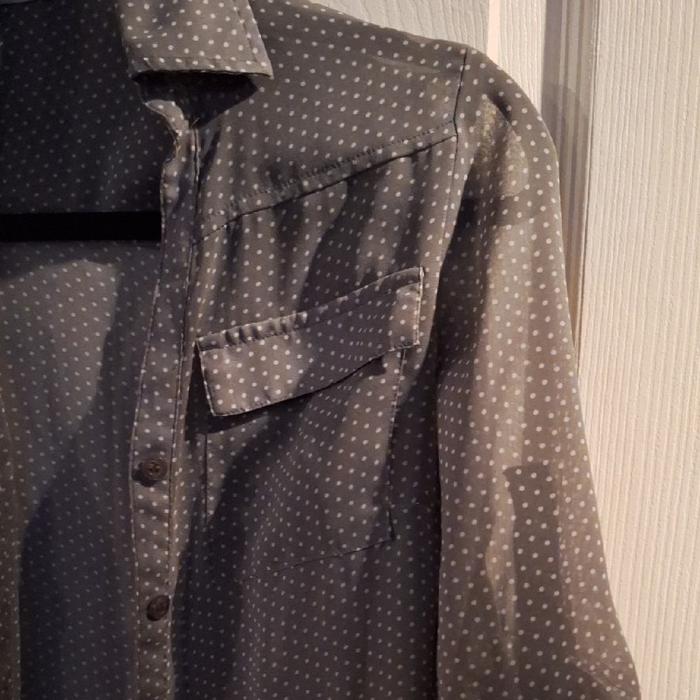 New York & Company Sheer Gray White Polka Dot Button Down Blouse XS